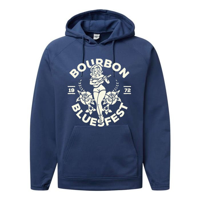 Bourbon Bluesfest 1972: Vintage Pinup Girl Playing Guitar Performance Fleece Hoodie