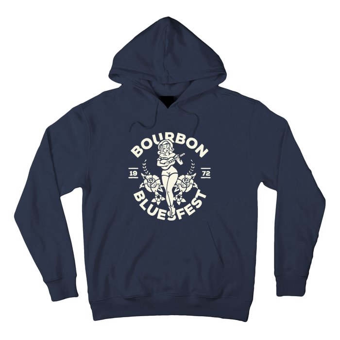 Bourbon Bluesfest 1972: Vintage Pinup Girl Playing Guitar Hoodie