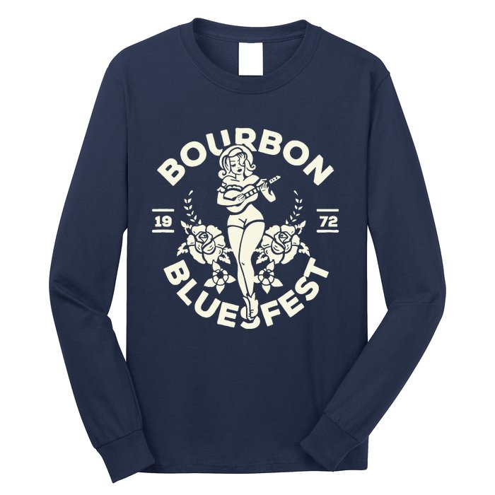 Bourbon Bluesfest 1972: Vintage Pinup Girl Playing Guitar Long Sleeve Shirt