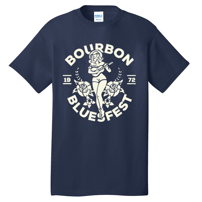 Bourbon Bluesfest 1972: Vintage Pinup Girl Playing Guitar Tall T-Shirt