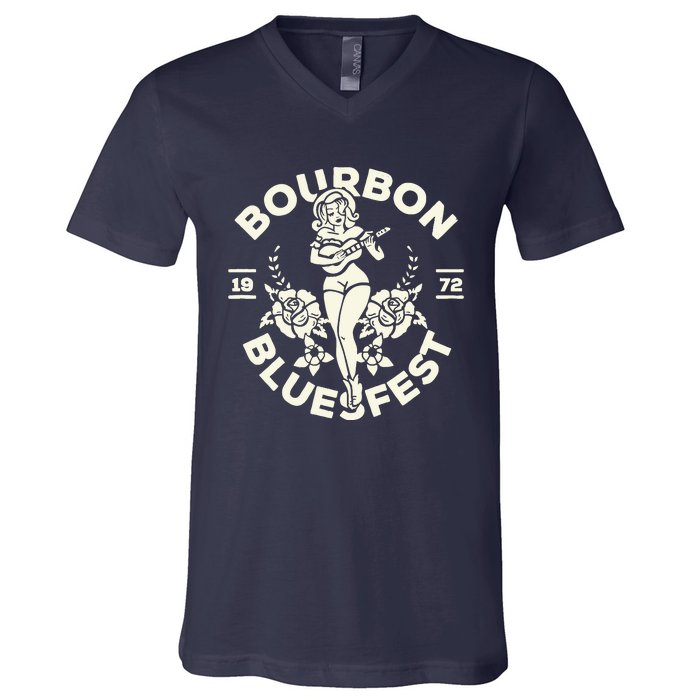 Bourbon Bluesfest 1972: Vintage Pinup Girl Playing Guitar V-Neck T-Shirt