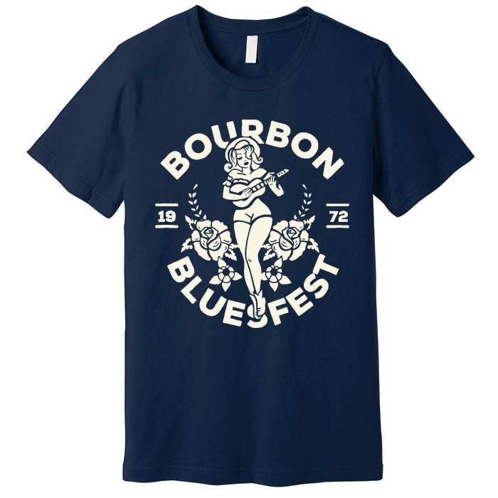 Bourbon Bluesfest 1972: Vintage Pinup Girl Playing Guitar Premium T-Shirt