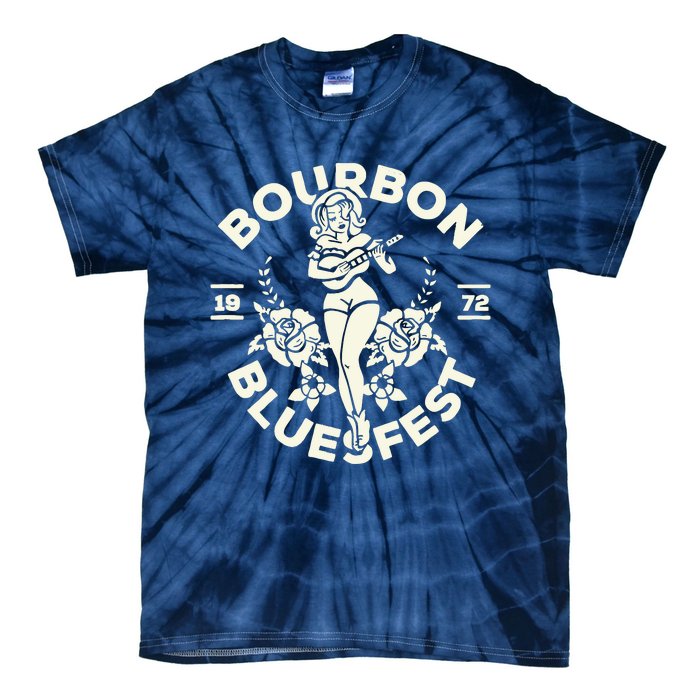 Bourbon Bluesfest 1972: Vintage Pinup Girl Playing Guitar Tie-Dye T-Shirt