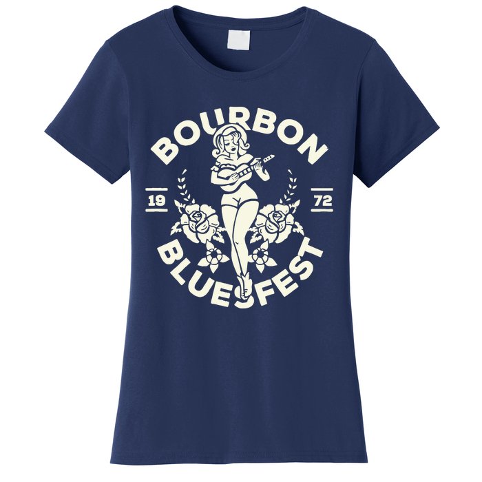 Bourbon Bluesfest 1972: Vintage Pinup Girl Playing Guitar Women's T-Shirt