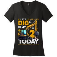 Birthday Boy 2 Construction 2nd Birthday Excavator Birthday Women's V-Neck T-Shirt