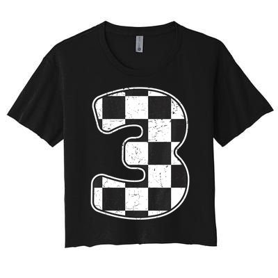 Birthday Boy 3 Three Race Car 3rd Birthday Racing Car Flag Women's Crop Top Tee