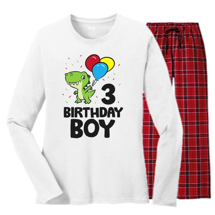 Birthday Boy 3rd Birthday Dinosaur Women's Long Sleeve Flannel Pajama Set 