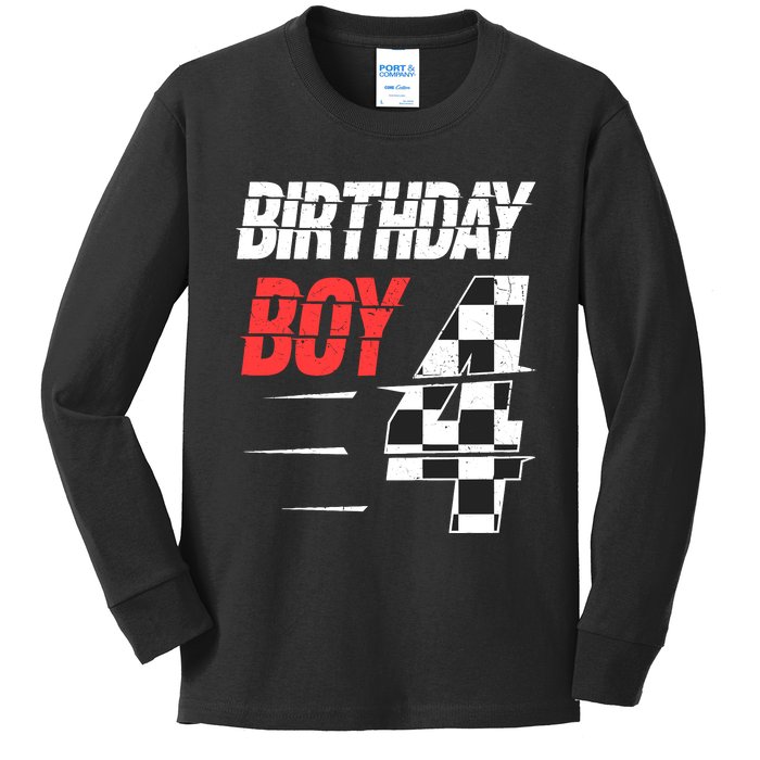 Birthday Boy 4 Four Racing Flag 4th Birthday Race Car Kids Long Sleeve Shirt