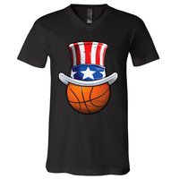 Basketball Ball 4th Of July Uncle Sam American Flag V-Neck T-Shirt