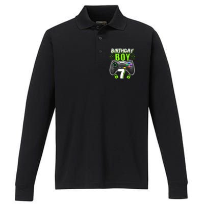 Birthday Boy 7 Video Game Controller Gamer 7th Birthday Gift TShirt Performance Long Sleeve Polo