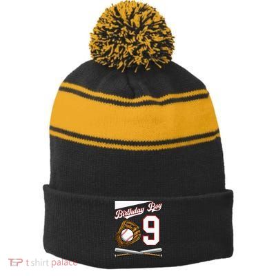 Birthday Boy 9 Party Cake Baseball Field Bat Catch Homerun Stripe Pom Pom Beanie