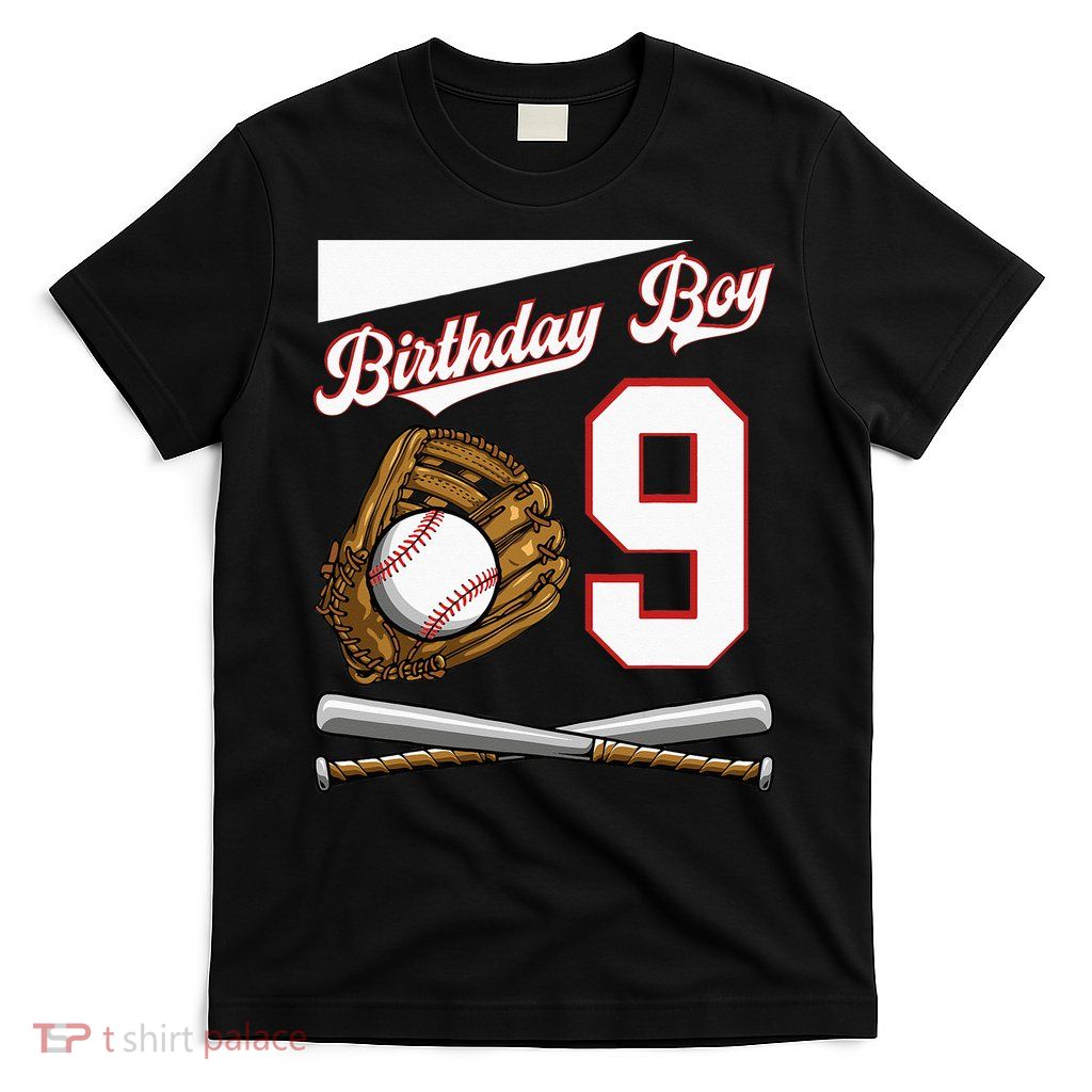 Birthday Boy 9 Party Cake Baseball Field Bat Catch Homerun T-Shirt