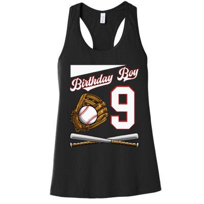 Birthday Boy 9 Party Cake Baseball Field Bat Catch Homerun Women's Racerback Tank