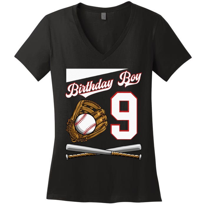 Birthday Boy 9 Party Cake Baseball Field Bat Catch Homerun Women's V-Neck T-Shirt