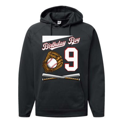 Birthday Boy 9 Party Cake Baseball Field Bat Catch Homerun Performance Fleece Hoodie