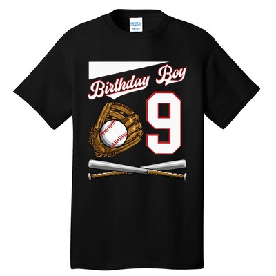 Birthday Boy 9 Party Cake Baseball Field Bat Catch Homerun Tall T-Shirt