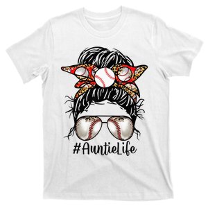 Bleached Baseball Auntie Life Messy Bun Game Day Mothers Day T-Shirt