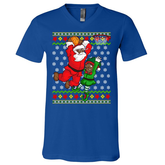 Basketball Black African American Santa Claus Dunk Elf Cool Gift V-Neck T-Shirt