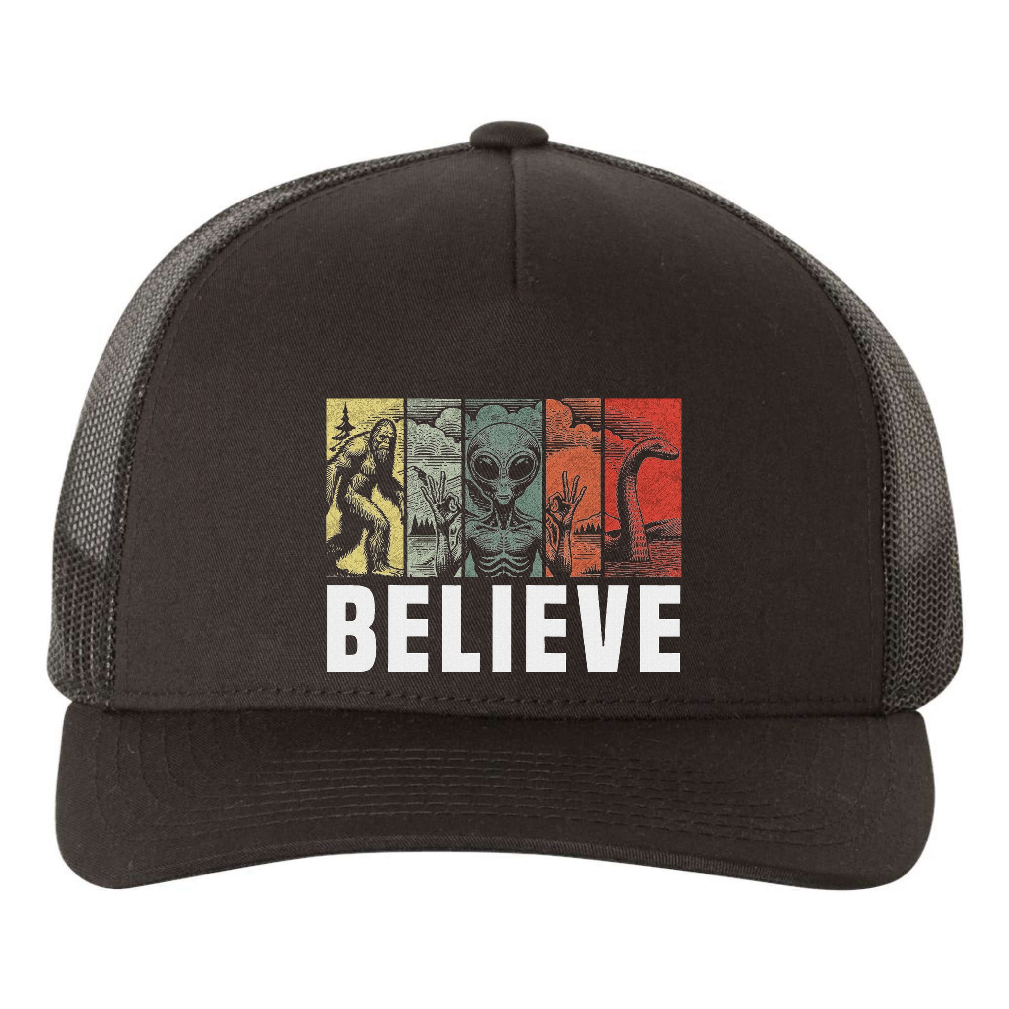 Believe Bigfoot Alien Loch Ness Monster Funny Retro Cryptids Yupoong Adult 5-Panel Trucker Hat
