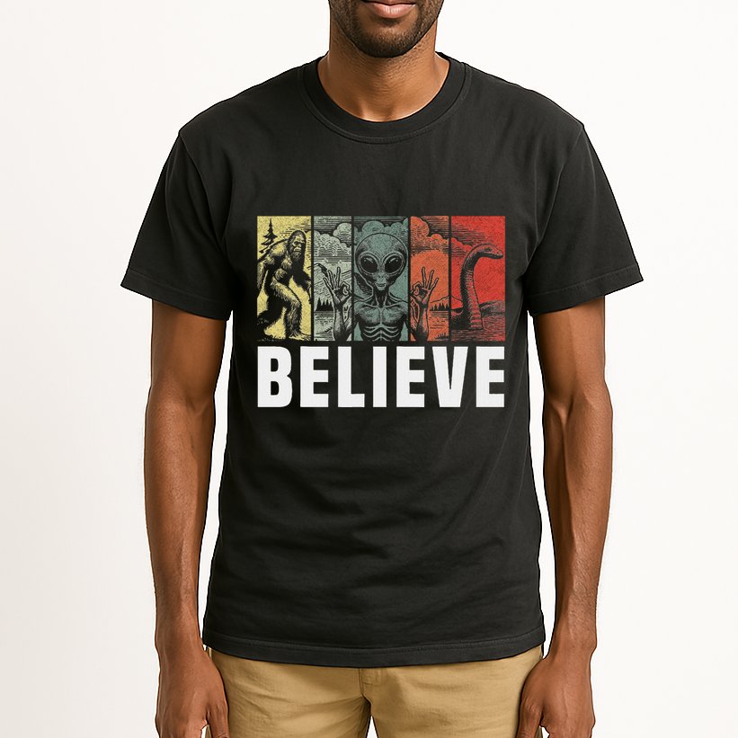Believe Bigfoot Alien Loch Ness Monster Funny Retro Cryptids Tall T-Shirt