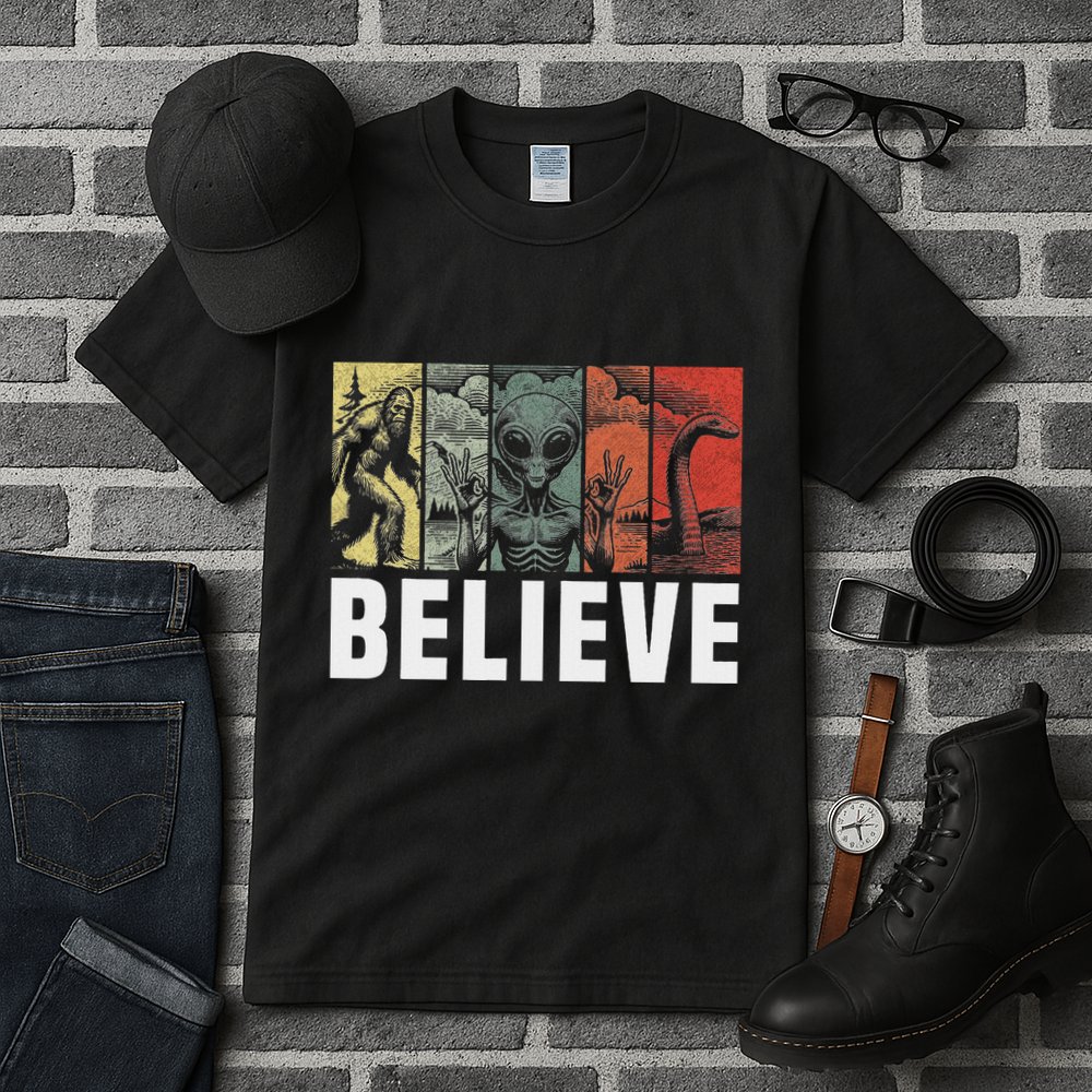Believe Bigfoot Alien Loch Ness Monster Funny Retro Cryptids Tall T-Shirt