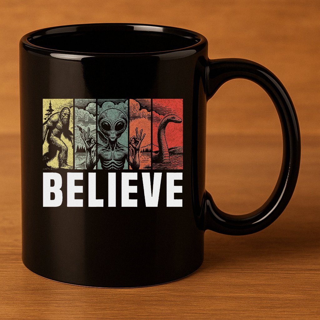 Believe Bigfoot Alien Loch Ness Monster Funny Retro Cryptids 11oz C Handle Ceramic Mug