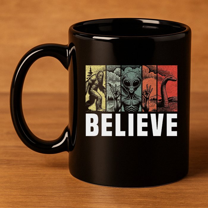 Believe Bigfoot Alien Loch Ness Monster Funny Retro Cryptids 11oz C Handle Ceramic Mug