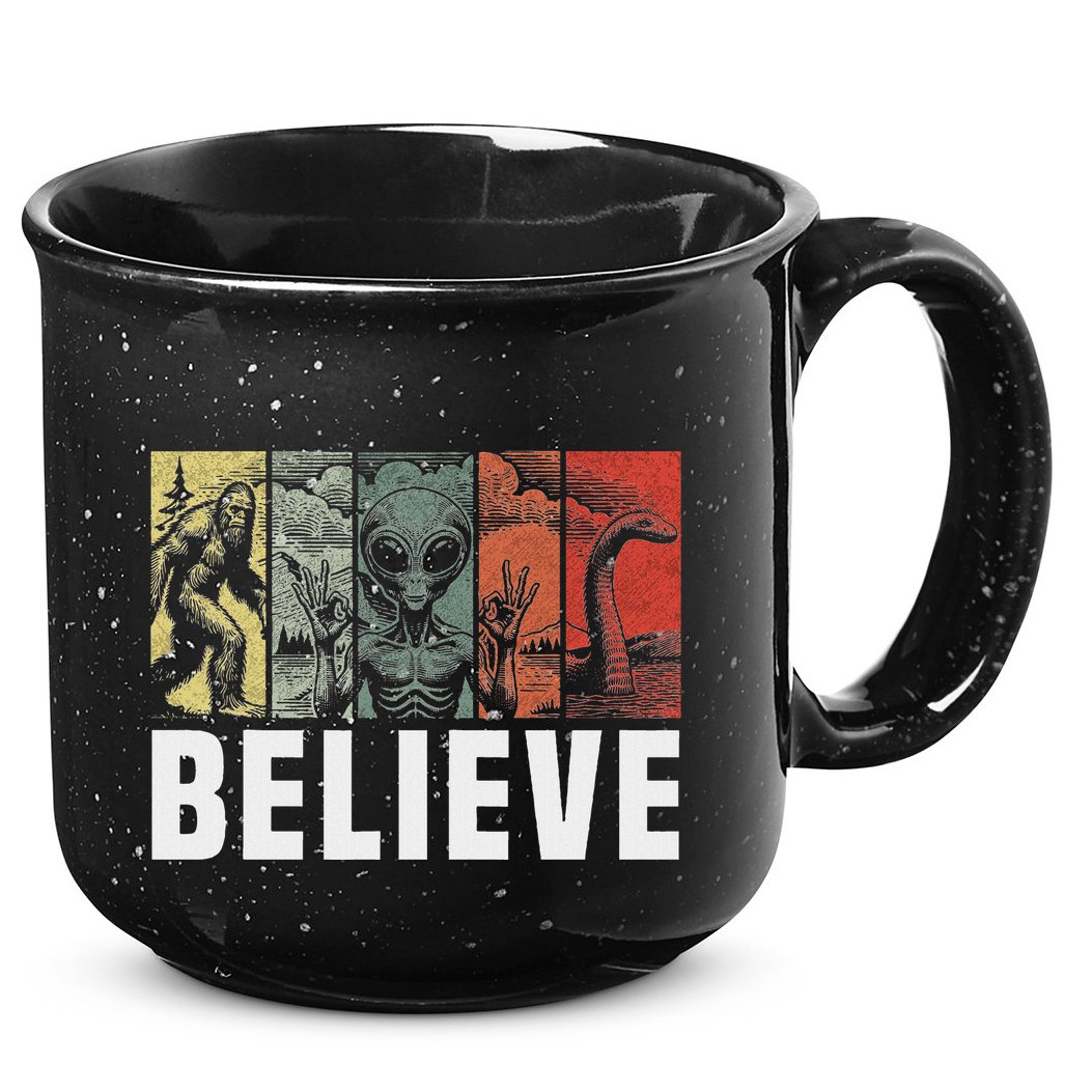 Believe Bigfoot Alien Loch Ness Monster Funny Retro Cryptids 15oz Campfire Ceramic Mug