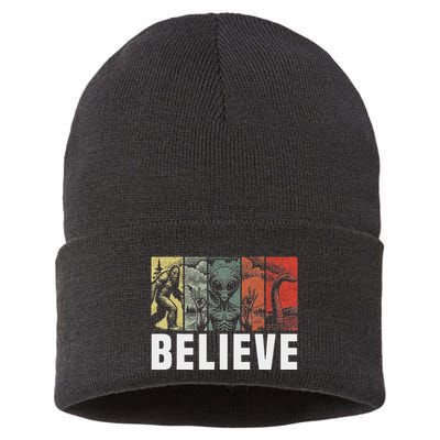 Believe Bigfoot Alien Loch Ness Monster Funny Retro Cryptids Sustainable Knit Beanie