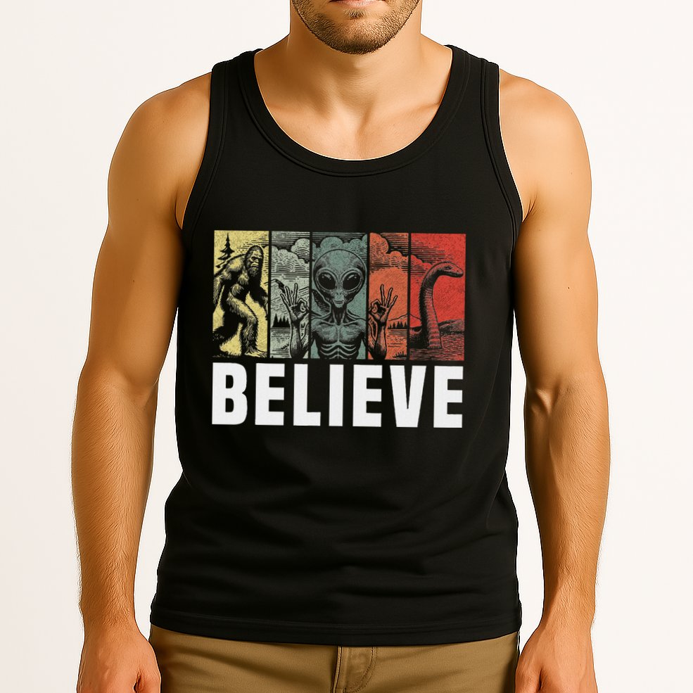 Believe Bigfoot Alien Loch Ness Monster Funny Retro Cryptids Tank Top