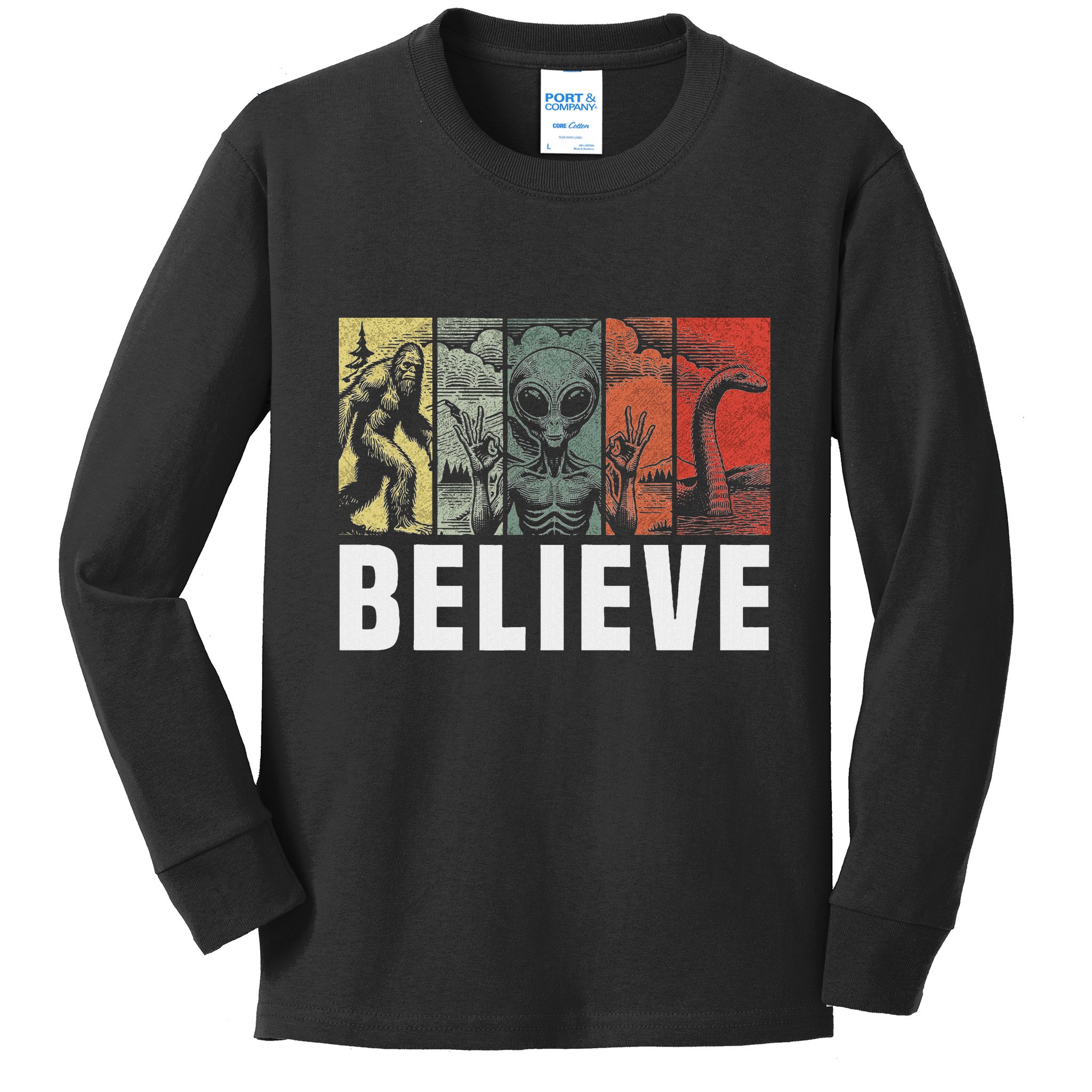 Believe Bigfoot Alien Loch Ness Monster Funny Retro Cryptids Kids Long Sleeve Shirt