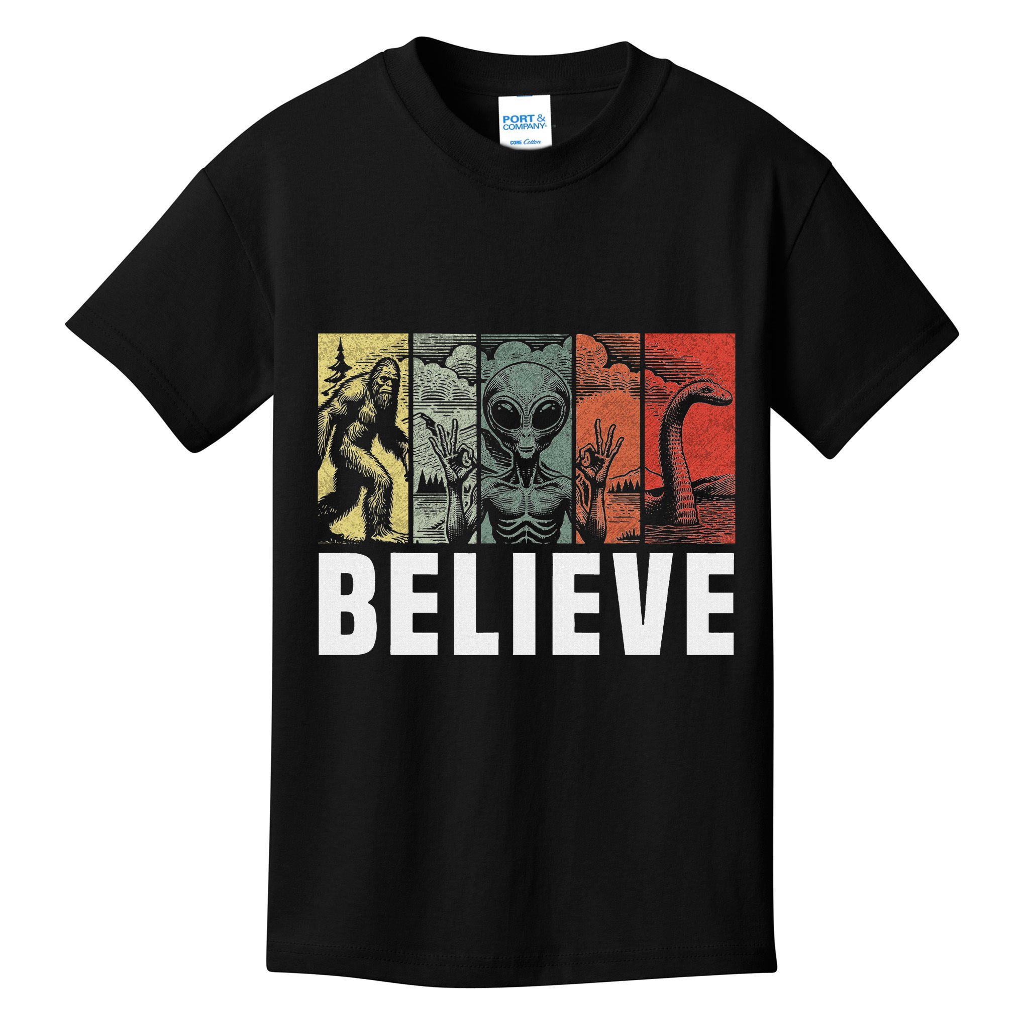 Believe Bigfoot Alien Loch Ness Monster Funny Retro Cryptids Kids T-Shirt