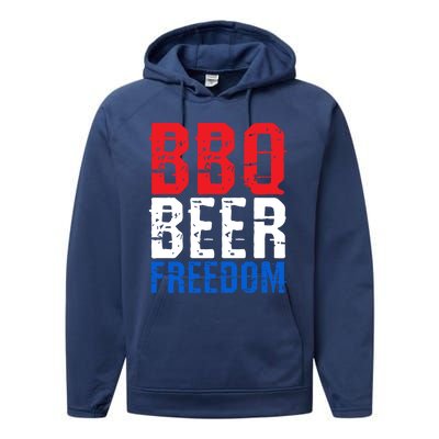 Bbq Beer And Freedom Funny July 4th Patriotic Gift Performance Fleece Hoodie