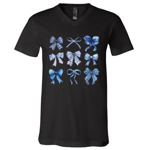 Blue Bow And Ribbon Cute Graphic For Women V-Neck T-Shirt