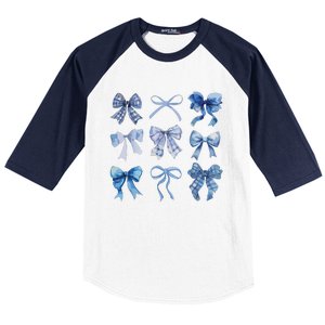 Blue Bow And Ribbon Cute Graphic For Women Baseball Sleeve Shirt