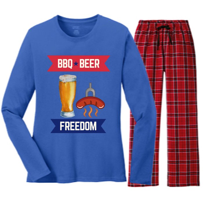 Bbq Beer And Freedom Patriotic 4th Of July Design Gift Women's Long Sleeve Flannel Pajama Set 