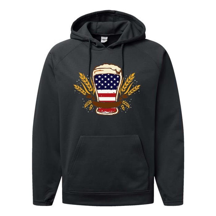 Beer & BBQ American Flag 4th of July  Merica USA Performance Fleece Hoodie