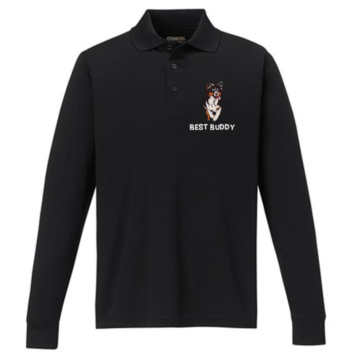 Best Buddy Australian Shepherd Dog Design Aussie Performance Long Sleeve Polo