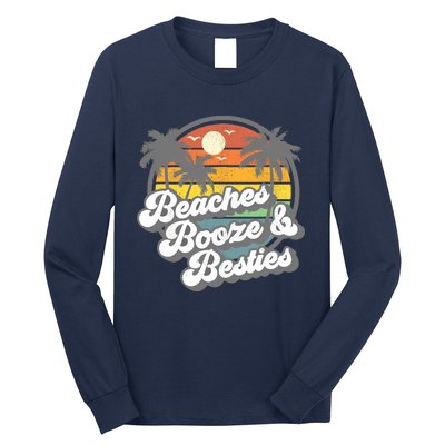 Beaches Booze and Besties Funny Retro 70s Beach Wo Gift Long Sleeve Shirt