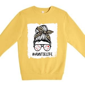 Bleached Baseball Auntie Life Leopard Messy Bun Game Day Cool Gift Premium Crewneck Sweatshirt