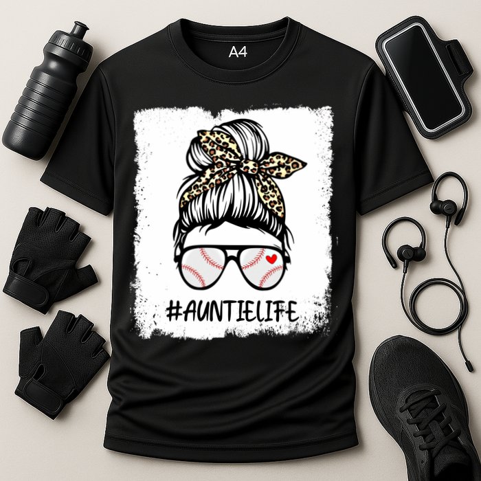 Bleached Baseball Auntie Life Leopard Messy Bun Game Day Cool Gift Cooling Performance Crew T-Shirt