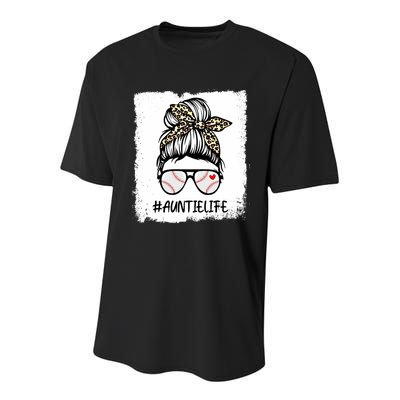 Bleached Baseball Auntie Life Leopard Messy Bun Game Day Cool Gift Youth Performance Sprint T-Shirt