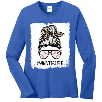 Bleached Baseball Auntie Life Leopard Messy Bun Game Day Cool Gift Ladies Long Sleeve Shirt