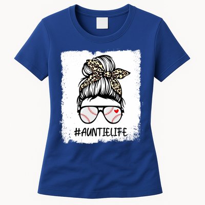 Bleached Baseball Auntie Life Leopard Messy Bun Game Day Cool Gift Womens T-Shirt