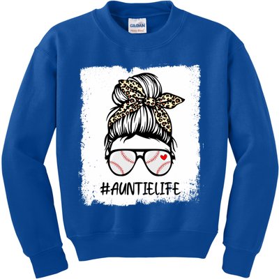 Bleached Baseball Auntie Life Leopard Messy Bun Game Day Cool Gift Kids Sweatshirt
