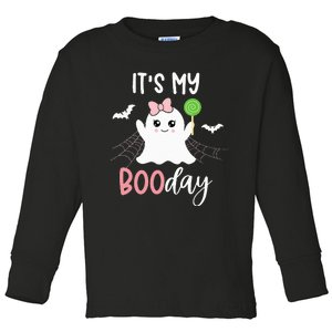 Bootiful Birthday Adorable Halloween Ghost with Pink Bow Toddler Long Sleeve Shirt