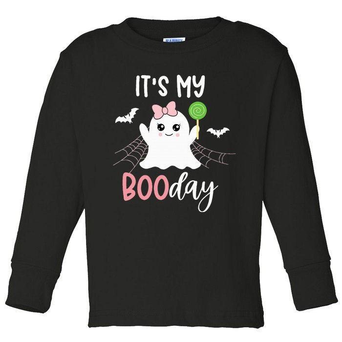 Bootiful Birthday Adorable Halloween Ghost with Pink Bow Toddler Long Sleeve Shirt