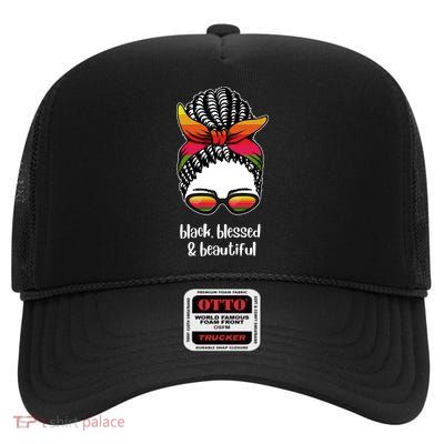 Black Blessed And Beautiful Hair Bun High Crown Mesh Back Trucker Hat