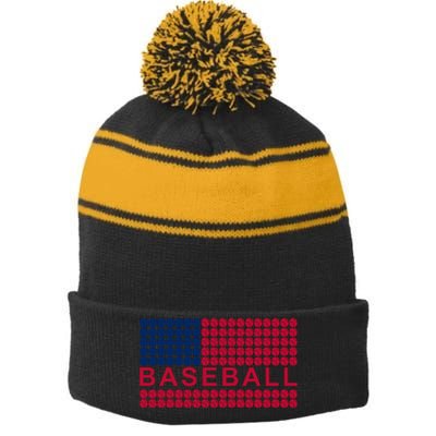 BaseballWithAmericanFlagDesign Stripe Pom Pom Beanie