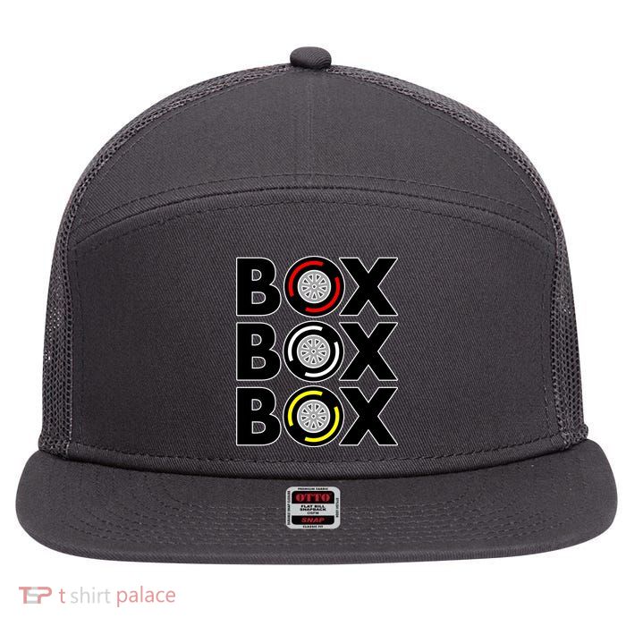 Box Box Box Tire Compound Design Classic 7 Panel Mesh Trucker Snapback Hat